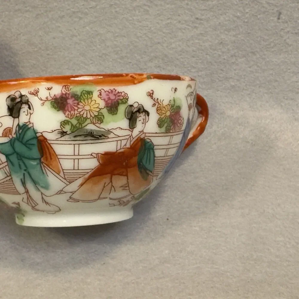Vintage Japanese Eggshell Porcelain Geisha Pagoda Tea Cup Saucer Orange Red